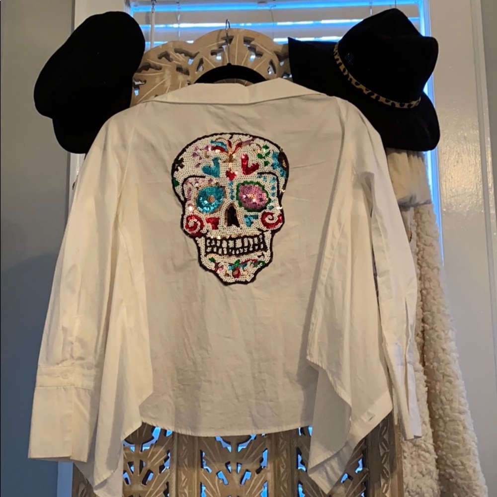 Sojara White Button Up with Sequin Skull